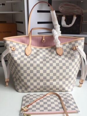 Louis Vuittom damier azur Canvas Neverfull MM Bag  Rose Ballerine N41605