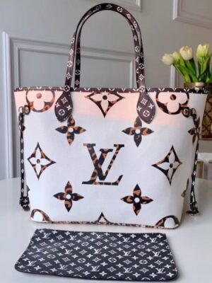 Louis Vuitton Replica Animal Prints Monogram Canvas Neverfull MM Tote Bag M44716 White/Brown 2019