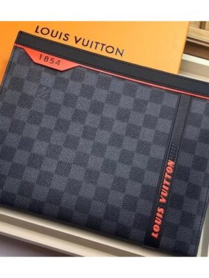 Louis Vuitton Replica Damier Cobalt Canvas Pochette Voyage MM Bag N60241 Orange Logo 2019