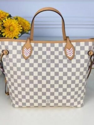 Louis Vuitton Replica LV Replica Neverfull MM N50047 Damier Azur with Pink Braided Strap