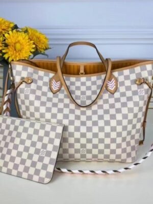 Louis Vuitton Replica LV Replica Neverfull MM N50047 Damier Azur with Pink Braided Strap