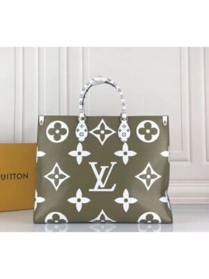 Louis Vuitton Replica M44571 LV Replica Onthego tote bags Monogram coated canvas Khaki Green/White/Beige/Crème Beige