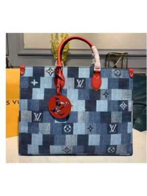 Louis Vuitton Replica M44992 LV Replica Onthego GM tote bag in Blue/Red Monogram Denim canvas