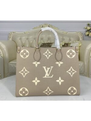 Louis Vuitton Replica M45494 LV Replica OnTheGo MM Tote bag in Tourterelle Gray/Cream Embossed grained cowhide leather