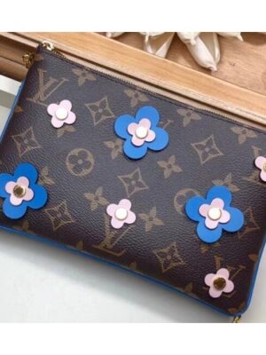 Louis Vuitton Replica Monogram Canvas Blooming Flowers Pochette Double Zip Bag M63905 Blue 2019