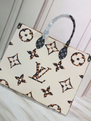 Louis Vuitton Replica Monogram Canvas Leopard Print Onthego Tote Bag M44675 Brown/White 2019