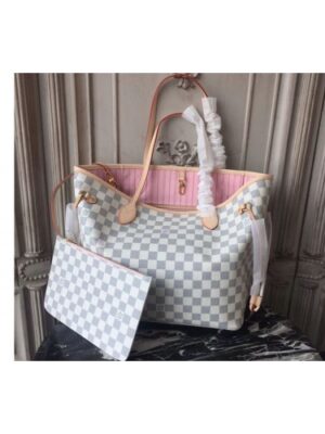 Louis Vuitton Replica N41605 Neverfull MM Damier Azur Canvas Bags Pink