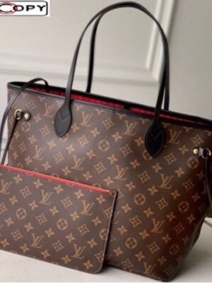 Louis Vuitton Replica Neverfull MM Monogram Canvas Tote Bag M48288 Black/Red