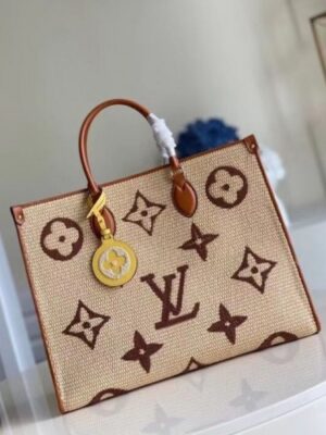 Louis Vuitton Replica OnTheGo GM Bag In Raffia With Brown Leather M57644