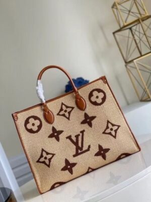 Louis Vuitton Replica OnTheGo GM Bag In Raffia With Brown Leather M57644