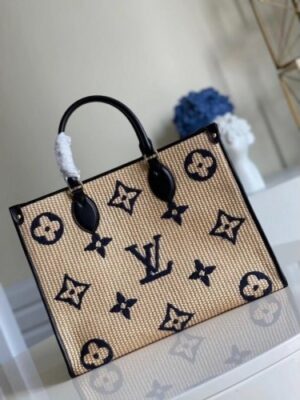 Louis Vuitton Replica OnTheGo MM Bag In Raffia With Blue Leather M57723