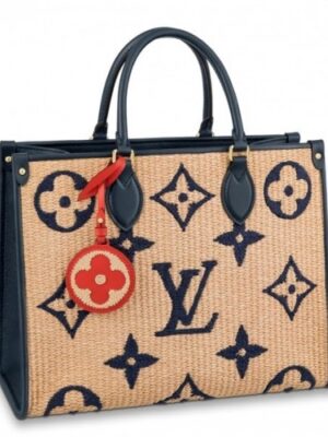 Louis Vuitton Replica OnTheGo MM Bag In Raffia With Blue Leather M57723