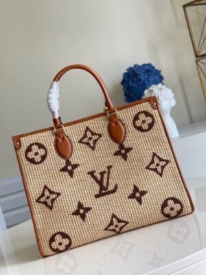 Louis Vuitton Replica OnTheGo MM Bag In Raffia With Brown Leather M57707