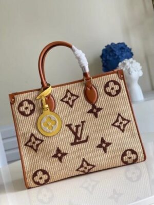 Louis Vuitton Replica OnTheGo MM Bag In Raffia With Brown Leather M57707