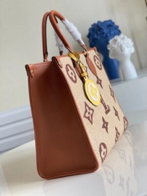 Louis Vuitton Replica OnTheGo MM Bag In Raffia With Brown Leather M57707