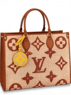 Louis Vuitton Replica OnTheGo MM Bag In Raffia With Brown Leather M57707