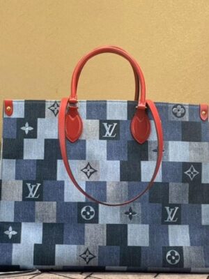 Louis Vuitton Replica Onthego GM Tote Bag In Damier Monogram Denim Canvas M44992 Blue/Red