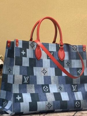 Louis Vuitton Replica Onthego GM Tote Bag In Damier Monogram Denim Canvas M44992 Blue/Red