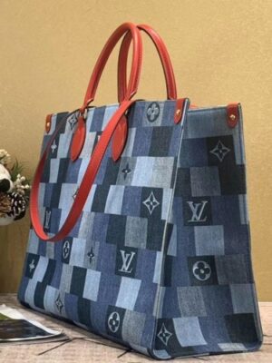 Louis Vuitton Replica Onthego GM Tote Bag In Damier Monogram Denim Canvas M44992 Blue/Red