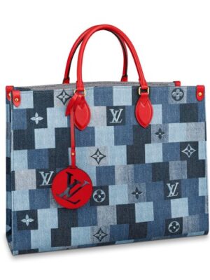 Louis Vuitton Replica Onthego GM Tote Bag In Damier Monogram Denim Canvas M44992 Blue/Red