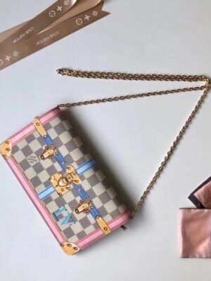 Louis Vuitton Replica Summer Trunks Damier Azur Canvas Chain Pochette Weekend Clutch Bag N60108 2018